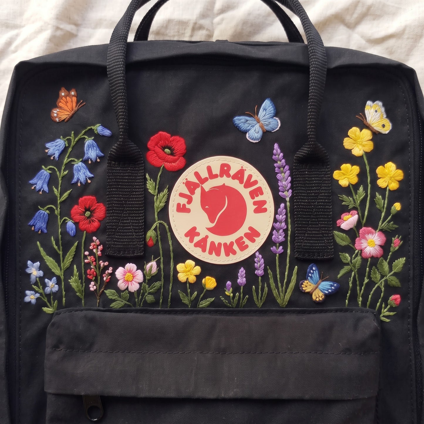 Hand Embroidered Fjallraven Kanken Backpack, Floral Butterfly Kanken Bag, Custom Embroidered Backpack, Personalized Kanken Backpack