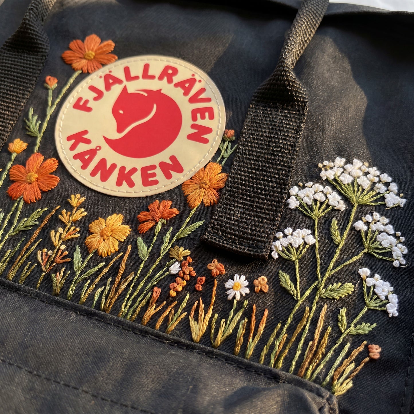 Personalized Fjallraven Kanken Wildflower Backpack, Embroidered Marigold & Baby's Breath Kanken Bag, CustomBackpack with Meaningful Quote