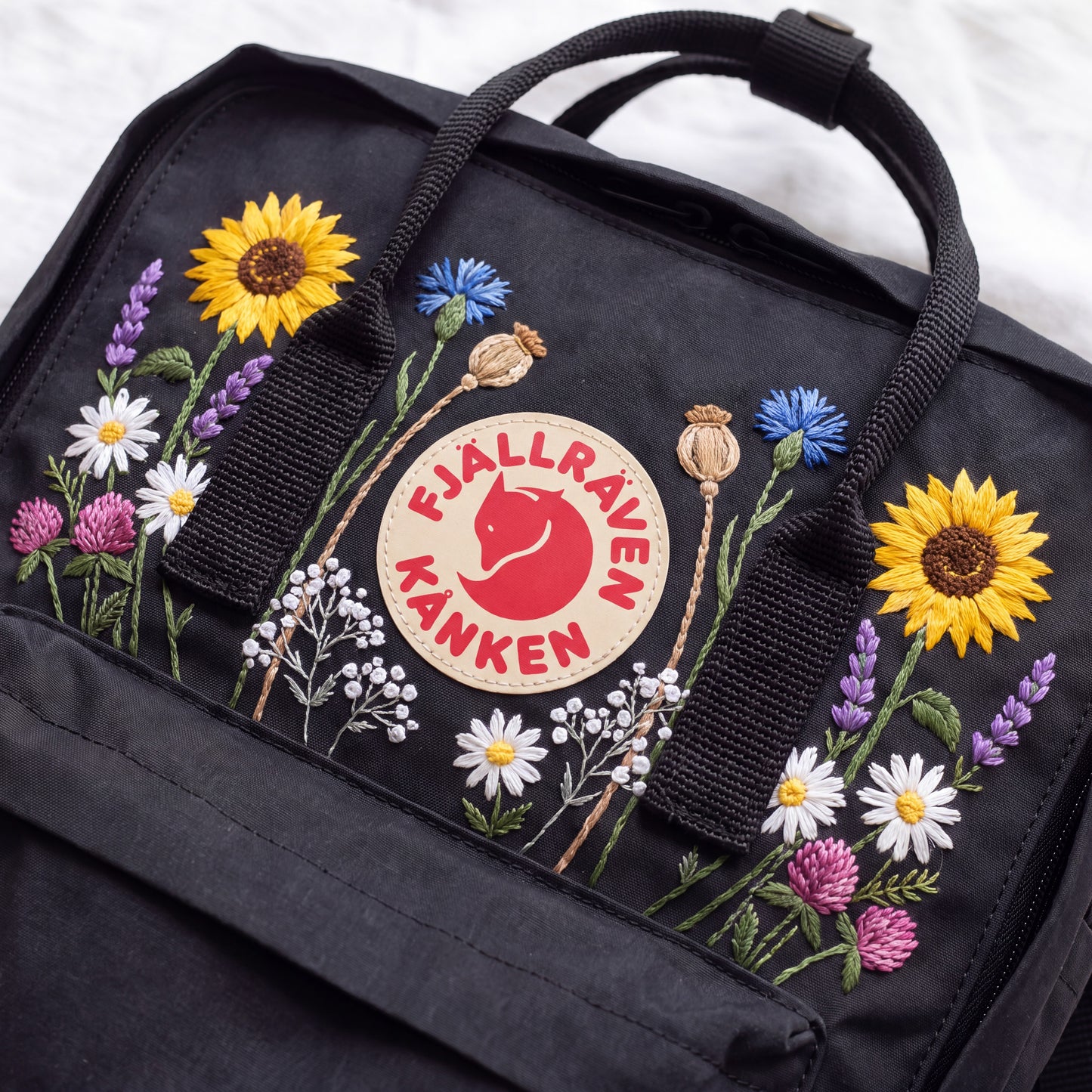 Hand Embroidered Fjallraven Kanken Backpack | Sunflower Wildflower Backpack | Daisy Floral Kanken Bag | Custom Personalized Backpack
