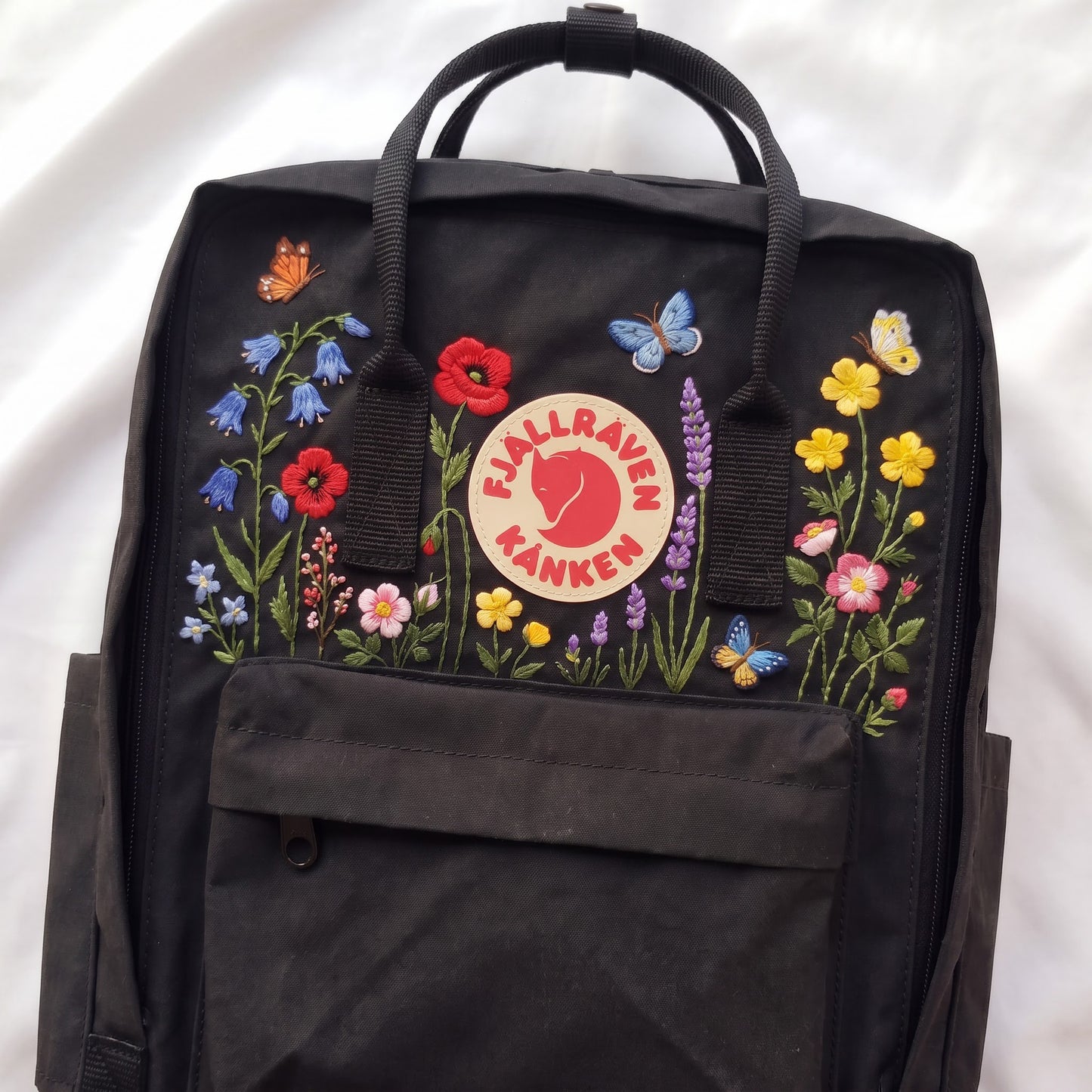 Hand Embroidered Fjallraven Kanken Backpack, Floral Butterfly Kanken Bag, Custom Embroidered Backpack, Personalized Kanken Backpack