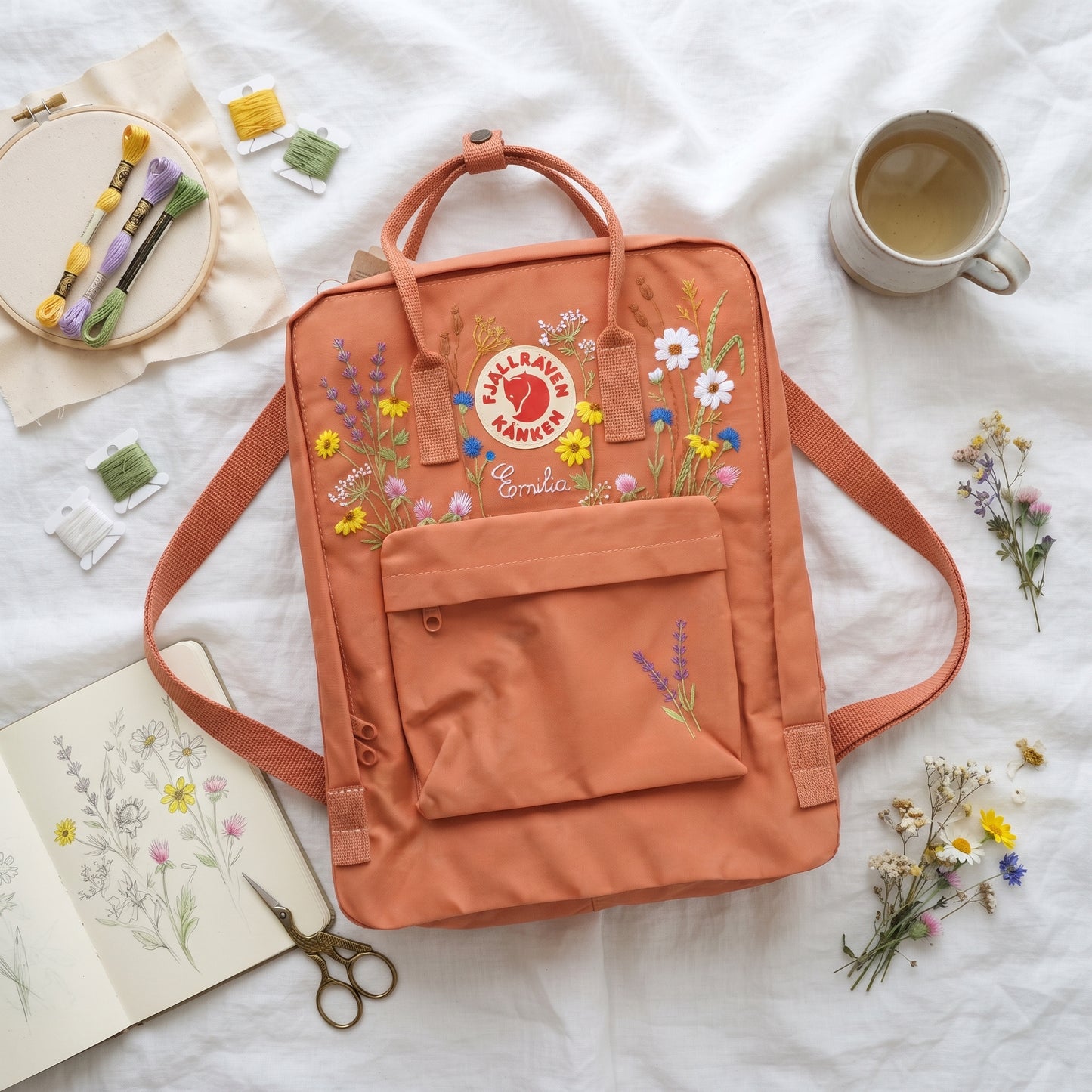 Custom Embroidered Fjallraven Kanken Backpack Wildflower | Fjallraven Kanken Travel Backpack| Handmade Cottagecore School Bag|Wildflower Bag