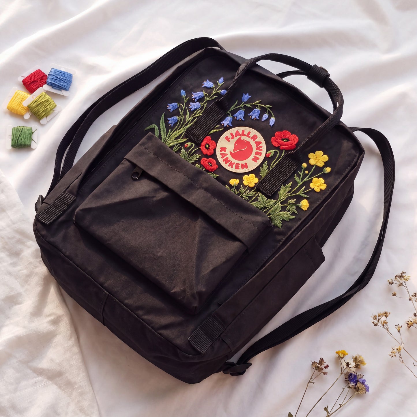 Hand Embroidered Fjallraven Kanken Backpack, Wildflower Floral Backpack, Poppy Flower Kanken Bag, Custom Embroidered Backpack
