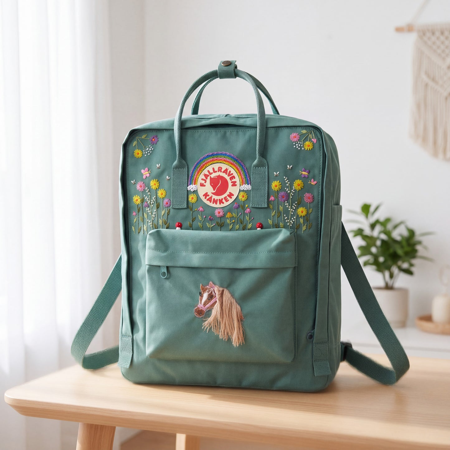 Fjallraven Kanken Embroidered Backpack | Colorful Flower & Rainbow Backpack | Horse Embroidery Kanken | Custom Animal Embroidery Backpack