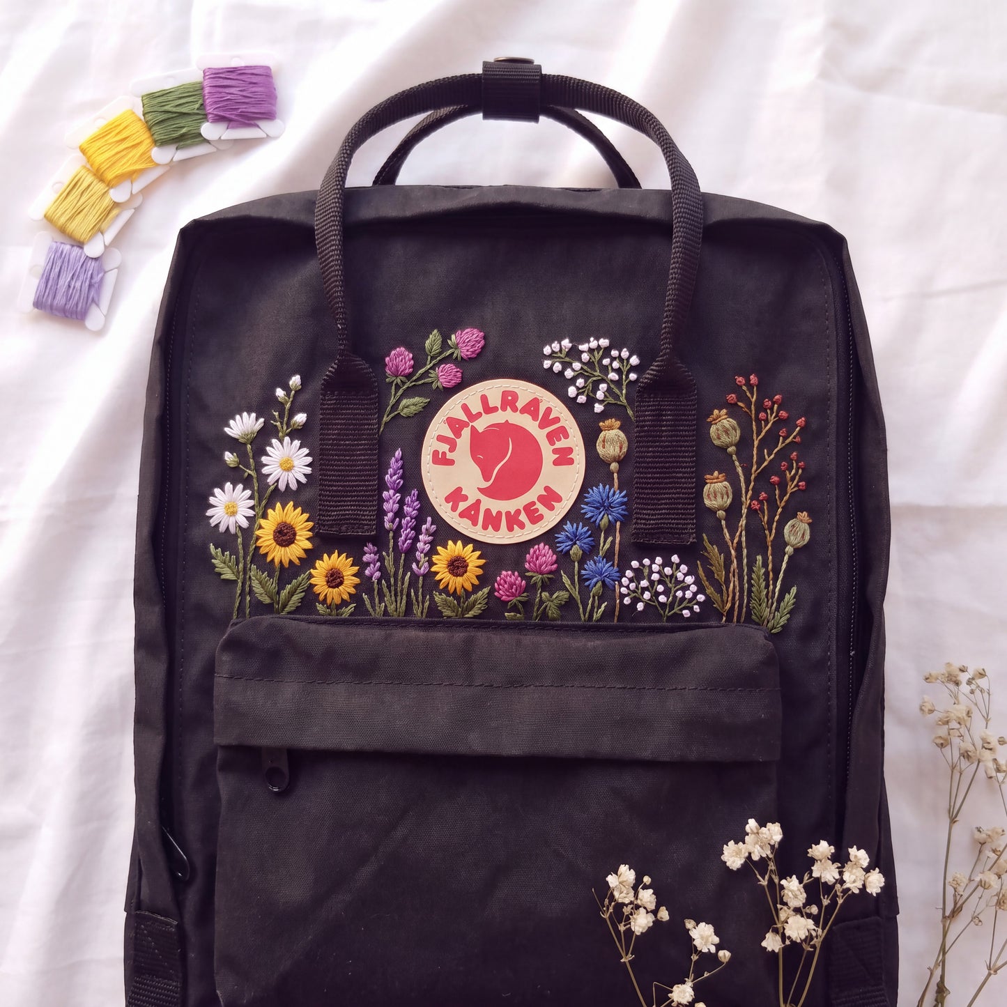Hand Embroidered Fjallraven Kanken Backpack | Wildflower Floral Backpack | Sunflower Daisy Kanken Bag | Custom Personalized Backpack
