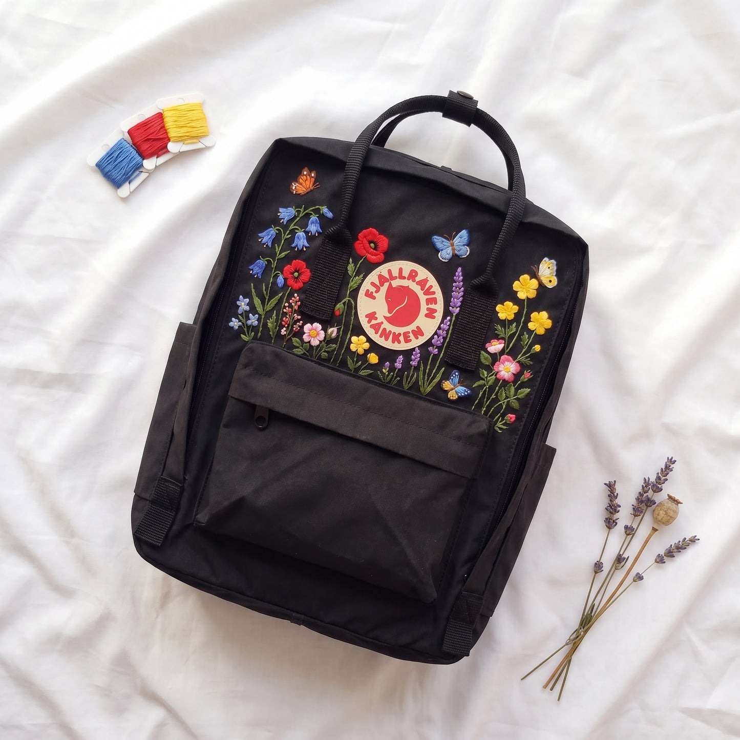 Hand Embroidered Fjallraven Kanken Backpack, Floral Butterfly Kanken Bag, Custom Embroidered Backpack, Personalized Kanken Backpack