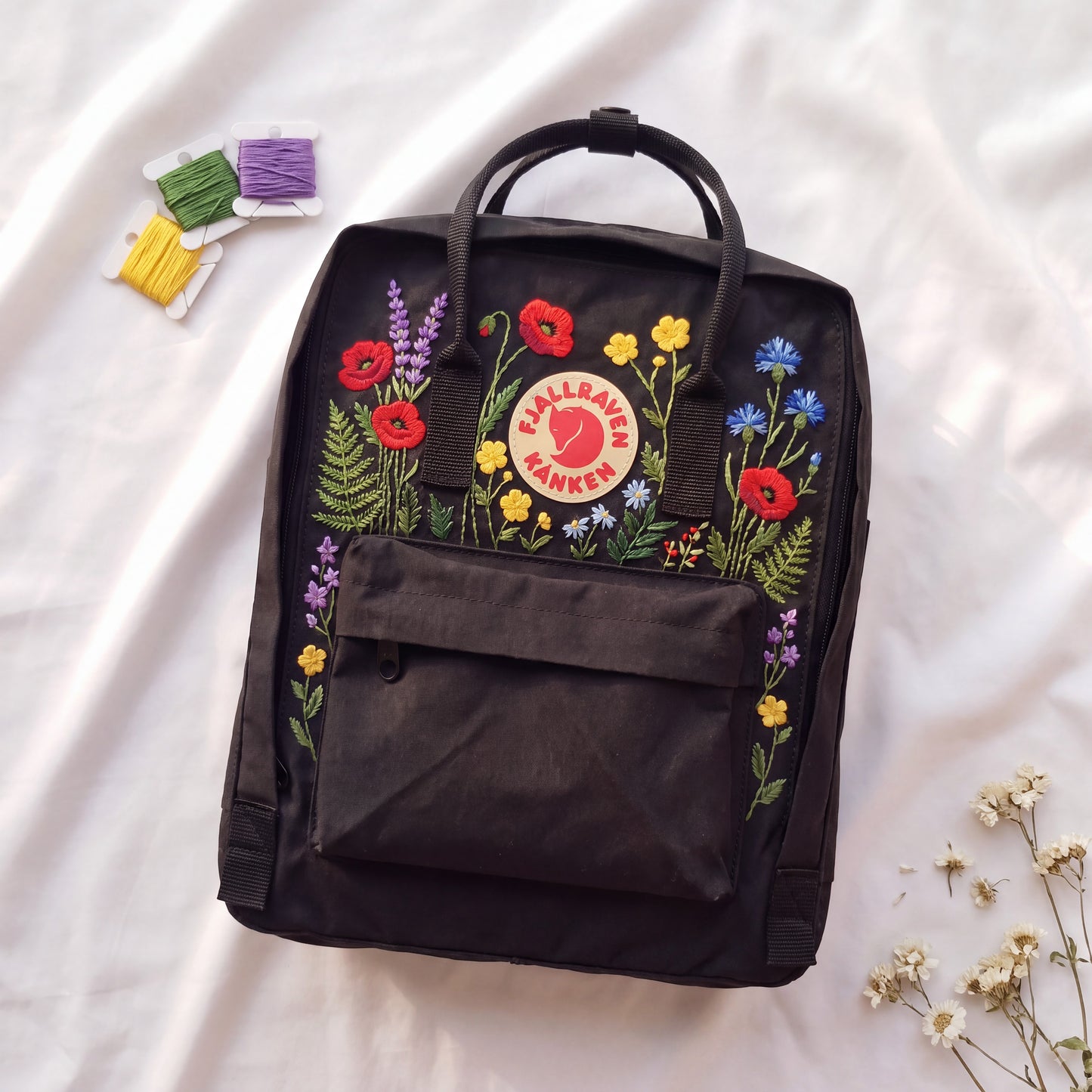 Fjallraven Kanken Embroidered Backpack | Floral Embroidery Backpack | Colorful Wildflower Bag | Canvas Backpack | Handmade Flower Backpack