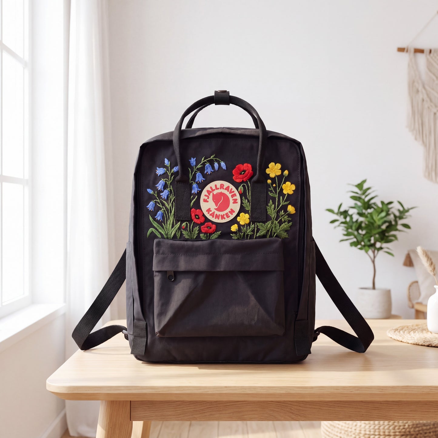 Hand Embroidered Fjallraven Kanken Backpack, Wildflower Floral Backpack, Poppy Flower Kanken Bag, Custom Embroidered Backpack