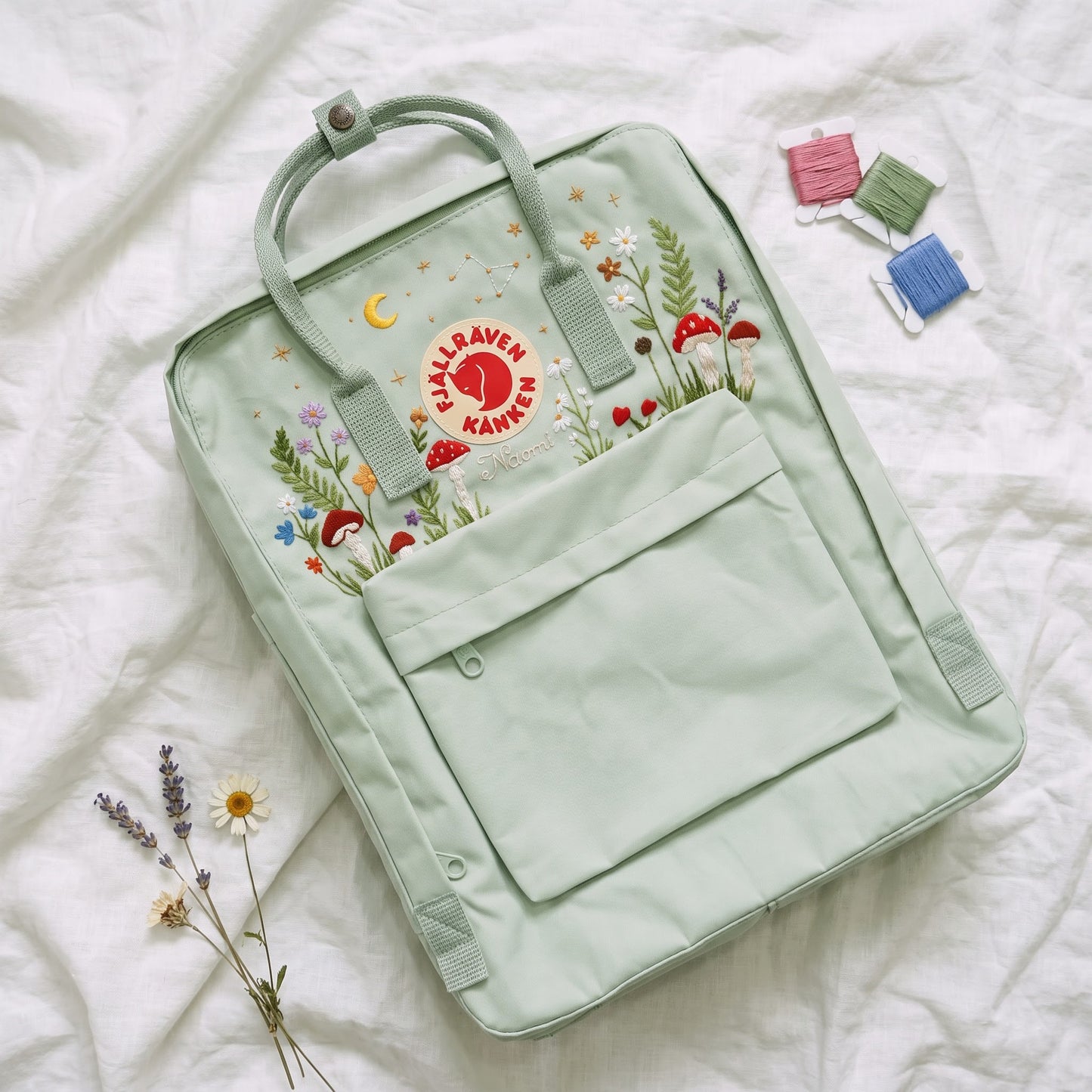 Fjallraven Kanken Backpack Embroidered with Mushrooms and Wildflowers | Mushroom & Floral Design Backpack | Personalized Custom Kanken