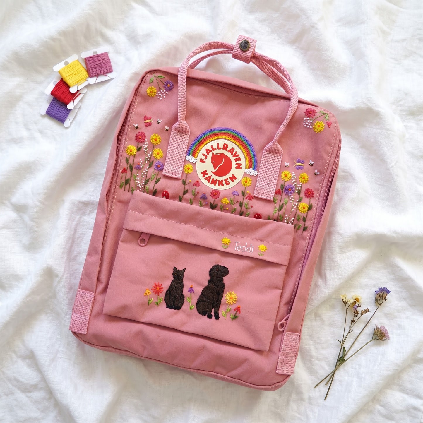 Personalized Fjallraven Kanken Pet Backpack | Custom Cat & Dog Embroidered Kanken Bag |Rainbow Wildflower Backpack | Custom Pet Portrait Bag