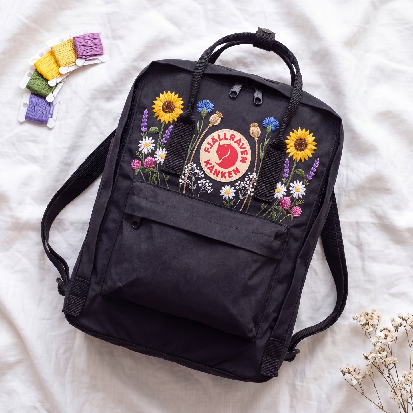 Hand Embroidered Fjallraven Kanken Backpack | Sunflower Wildflower Backpack | Daisy Floral Kanken Bag | Custom Personalized Backpack