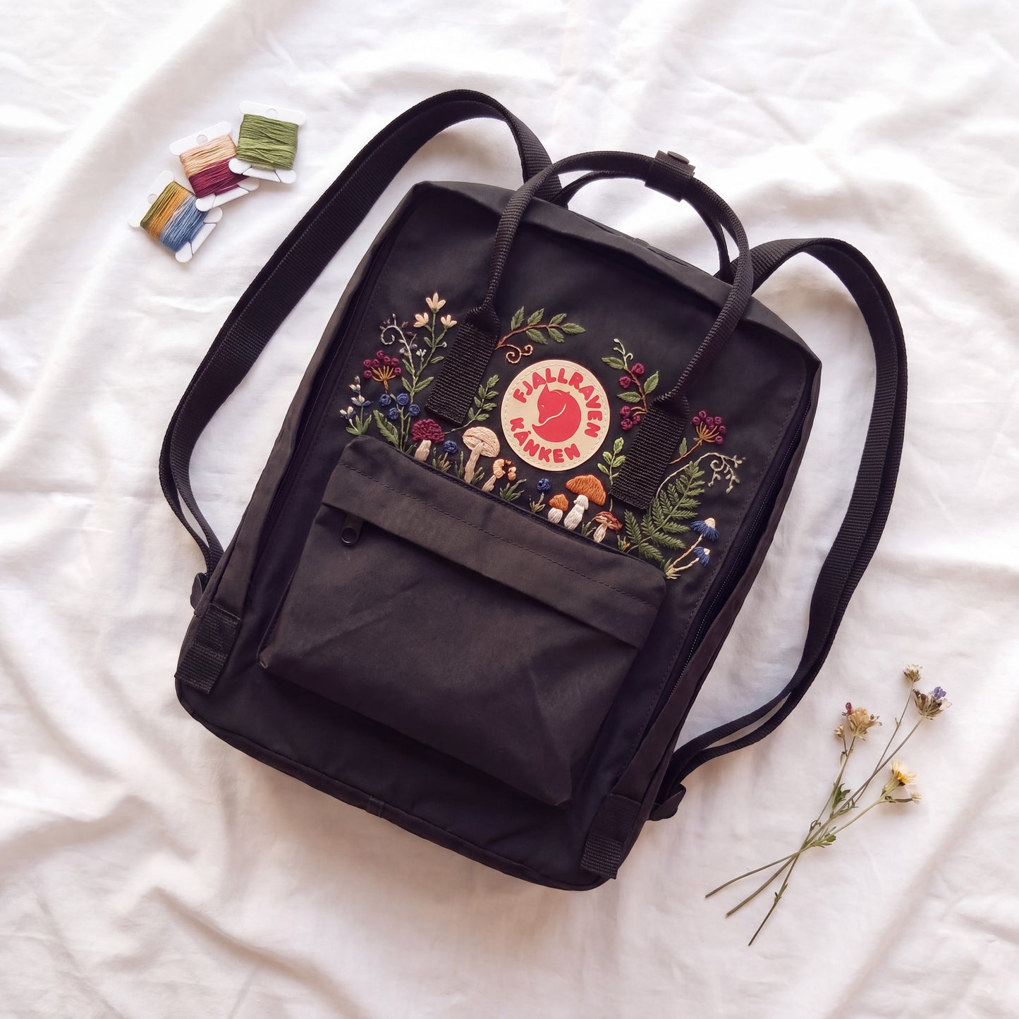 Hand Embroidered Fjallraven Kanken Backpack, Mushroom Floral Backpack, Cottagecore Forest Bag, Custom Personalized Kanken Backpack