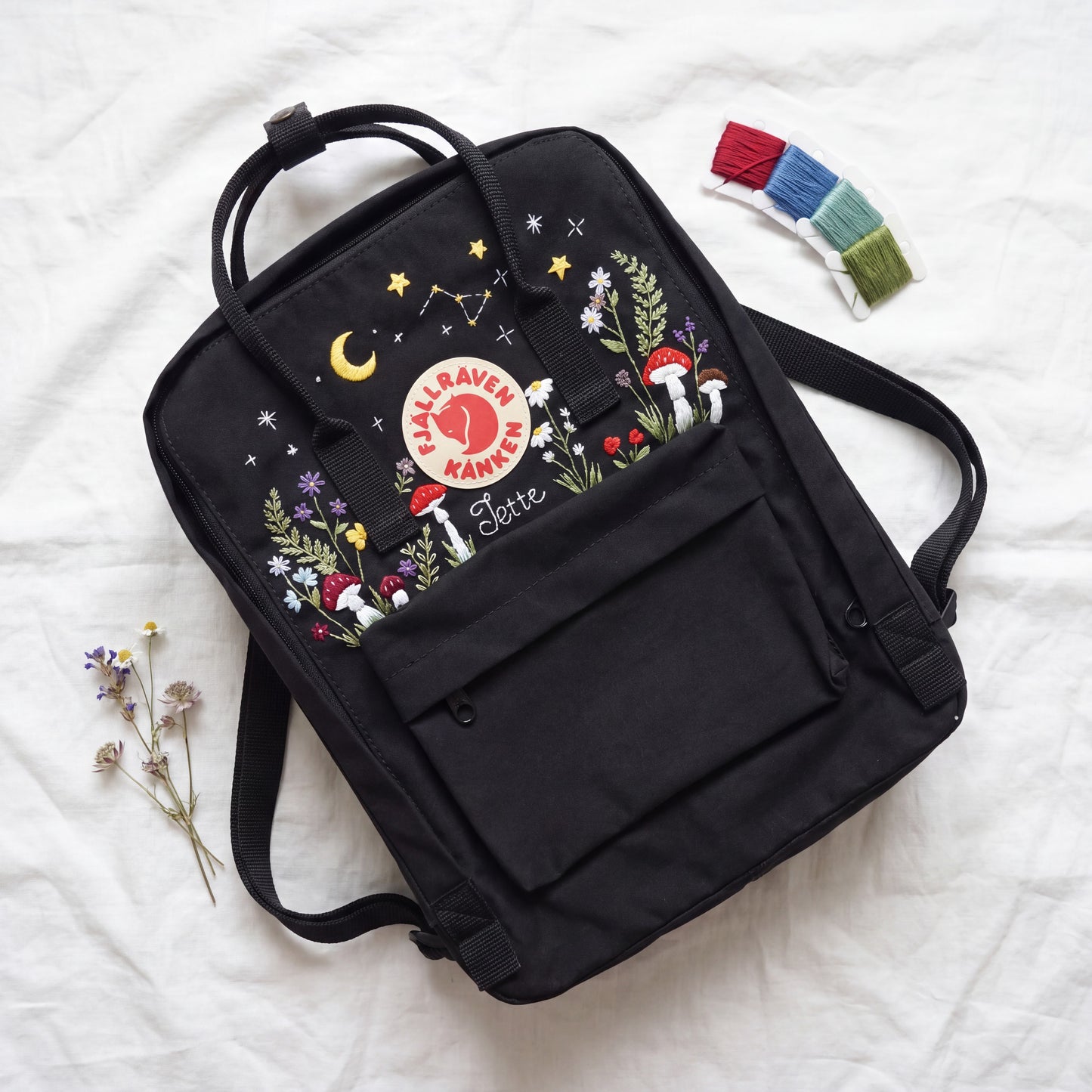 Fjallraven Kanken Backpack Embroidered with Mushrooms and Wildflowers | Mushroom & Floral Design Backpack | Personalized Custom Kanken