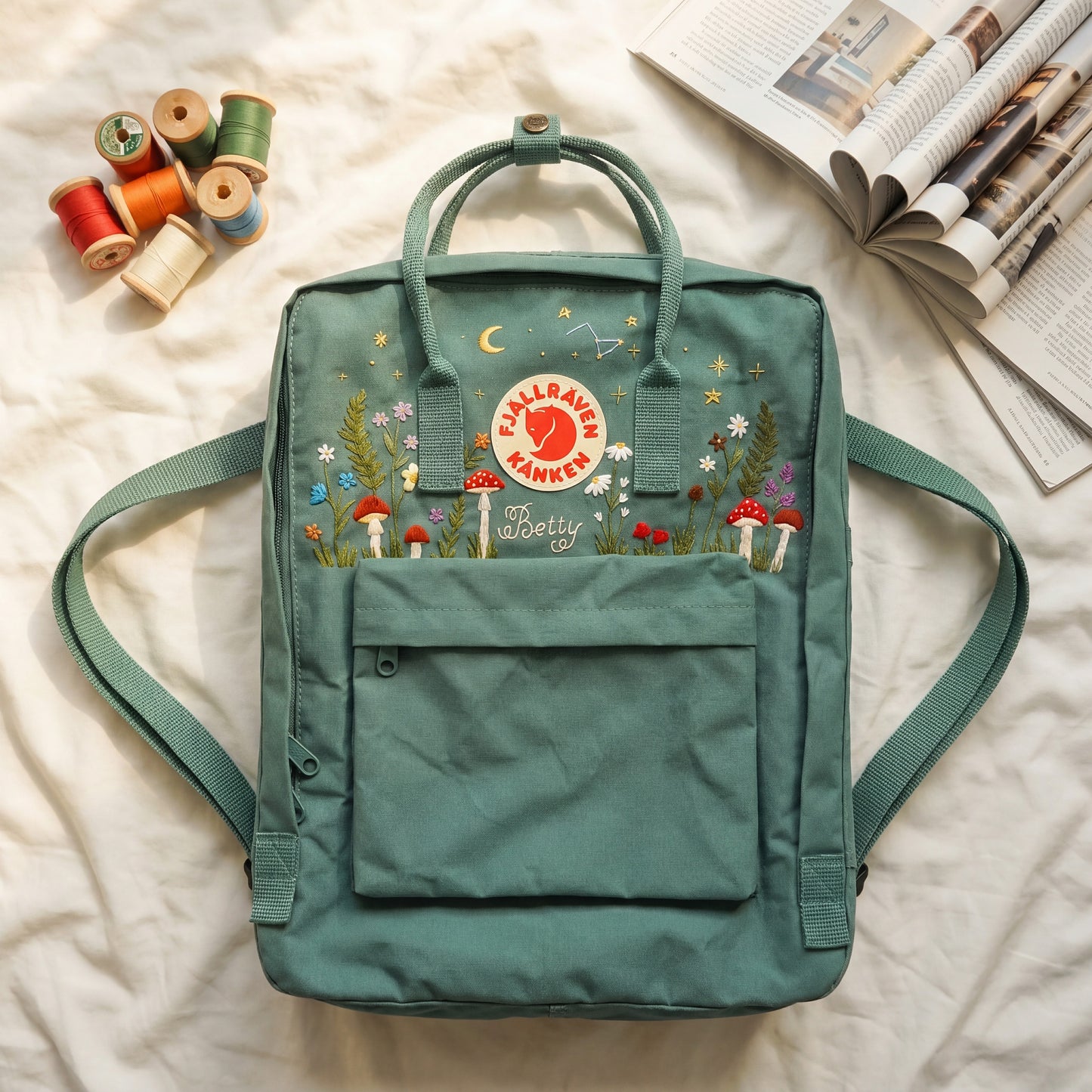 Fjallraven Kanken Backpack Embroidered with Mushrooms and Wildflowers | Mushroom & Floral Design Backpack | Personalized Custom Kanken