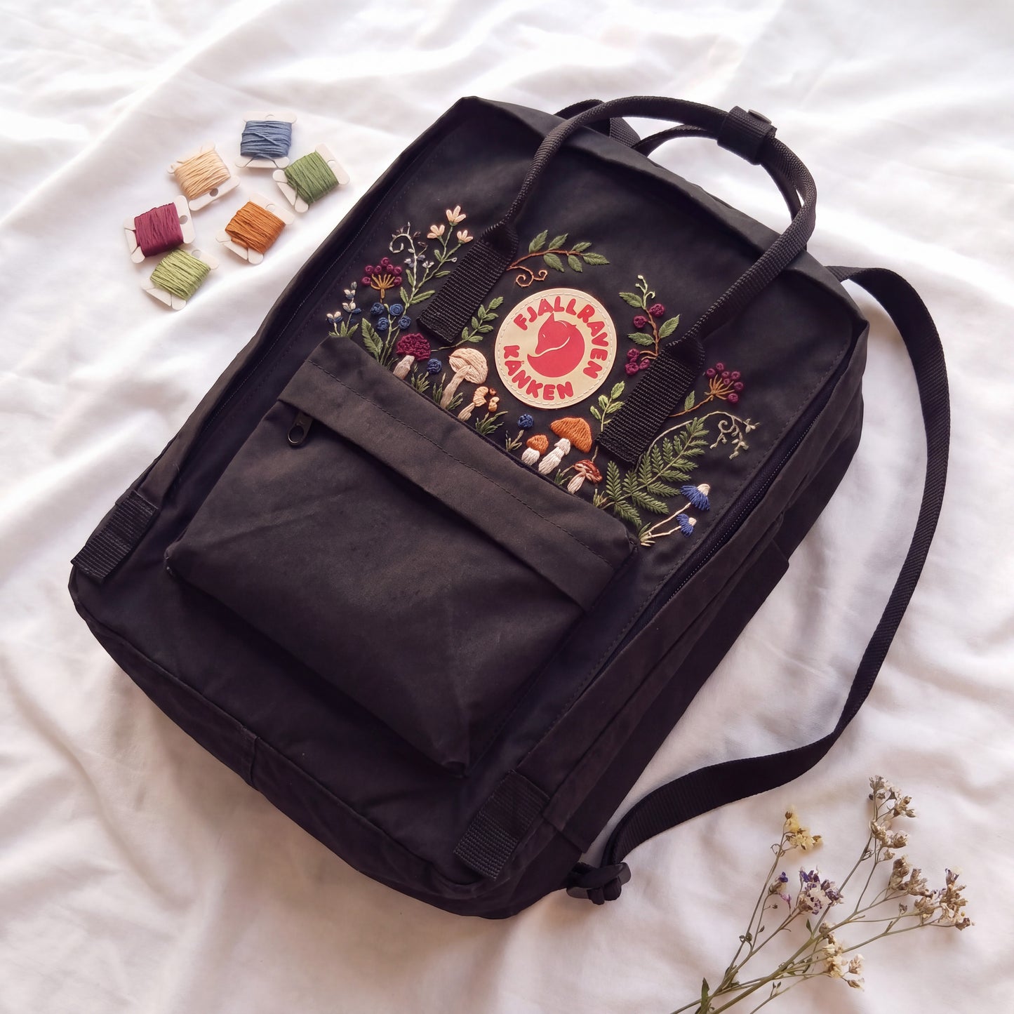 Hand Embroidered Fjallraven Kanken Backpack, Mushroom Floral Backpack, Cottagecore Forest Bag, Custom Personalized Kanken Backpack